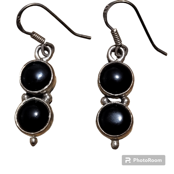Jewelry - Vintage silver plated black onyx stone dangle earrings